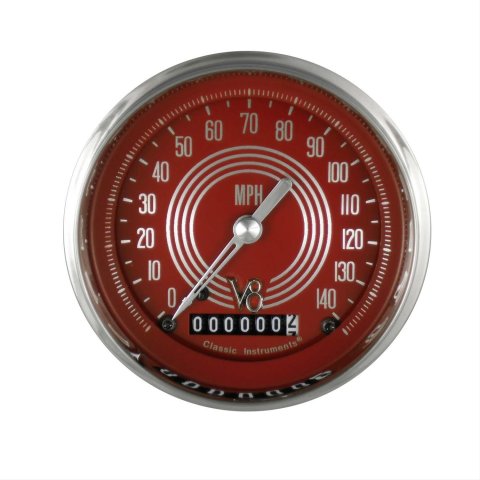 Classic Instruments V8 Red Steelie Series Speedometers V8RS55SHC Gauge, Series, Speedometer, 0-140 mph, 3 3/8 in. Diameter, Face, Analog, Electrical, Each
