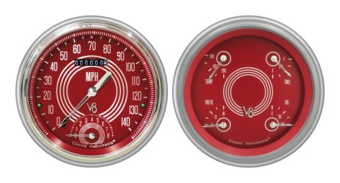 Classic Instruments 1951-53 Chevy Package Gauge Sets CH51V8RS62 Gauges, V8 Red Steelie, Speedometer, Tach, Oil Pressure, Fuel Level, Voltage, Red Face, Analog, Chevy, Kit