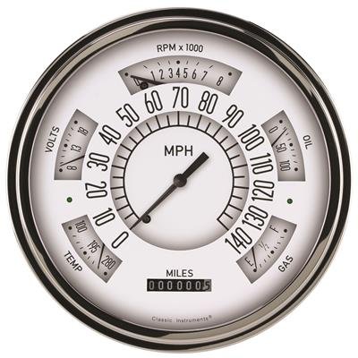 Classic Instruments Six Pack Gauge Sets SX01WSLF Kits, Pack, Analog, Speedometer, Tach, Fuel Level, Oil Pressure, Volts, Water Temp., 6 1/4 in., White Face, Black Numbers, Flat Glass, Each
