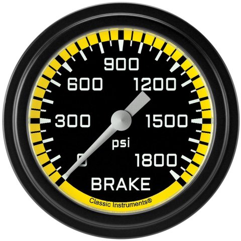 Classic Instruments Auto Cross Yellow Series Gauges AX367YBLF Gauges, Series, Brake Pressure, 0-1,800 psi, Analog, Electrical, 2 5/8 in., Black Face, White Numbers, Black Bezel, Each