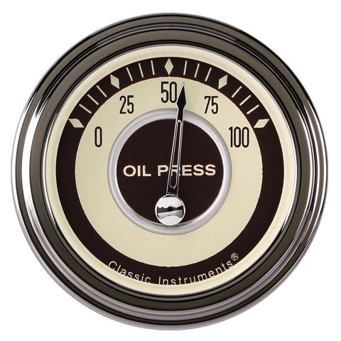 Classic Instruments Nostalgia VT Series Gauges NT81SLF Gauge, Series, Oil Pressure, 0-100 psi, 2 1/8 in., Beige Face, Stainless Low Step Bezel, Flat Lens, Each