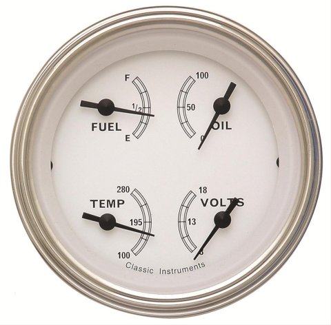 Classic Instruments White Series Gauge Sets CW79SLC Gauge, White, Quad, Water Temp., Oil Pressure, Fuel Level, Voltmeter, 3 3/8 in., Face, Analog