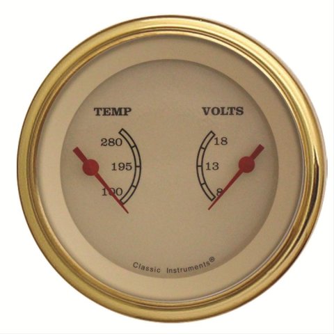 Classic Instruments Vintage Series Gauge Sets VT74GLF Gauge, Series, Dual, Water Temperature, Voltmeter, 3 3/8 in., Cream Face, Analog, Each