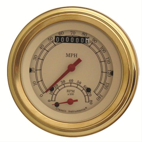 Classic Instruments Vintage Series Gauge Sets VT20GLF Gauge, Vintage, Speedometer, Tachometer, Analog, Electronic, 3 3/8 in. Diameter, Cream Face, Gold Bezel, Each