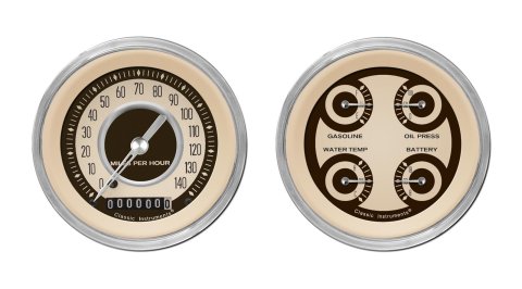 Classic Instruments Nostalgia VT Series Gauge Sets NT02SHC Gauges, VT, Speedometer, Water Temperature, Fuel Level, 3 3/8 in., Beige Face, Analog, Set
