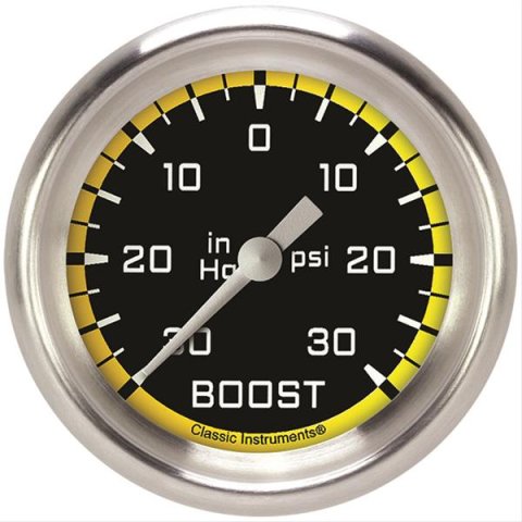 Classic Instruments Auto Cross Yellow Series Gauges AX341YAPF Gauge, Series, Boost/Vacuum, 30 in. Hg/30 psi, 2 5/8 in., Performance Bezel, Analog, Electrical, Each