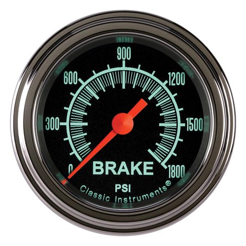 Classic Instruments G-Stock Series Gauges GS167SLF Gauges, Series, Brake Pressure, 0-1,800 psi, Analog, Electrical, 2 1/8 in., Black Face, Green Numbers, Stainless Steel Color Bezel, Each