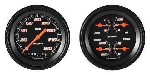 Classic Instruments Velocity Series Gauge Sets VS02BBLF Set, Series, Analog, Electronic, Black Face, Orange Pointer, Black Bezel, Kit