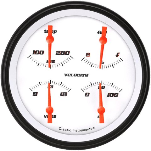 Classic Instruments Velocity Series Gauge Sets VS31WBLF Gauge, Series, Quad, Water Temperature, Fuel Level, Voltmeter, 5 in., White Face, Analog, Each