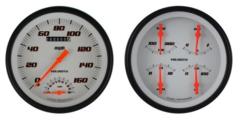 Classic Instruments Velocity Series Gauge Sets VS62WBLF Gauge, Velocity, Analog, Electrical, Speedometer, Tach., Fuel, Oil, Volt, Water, 5 in. Diameter, White Face