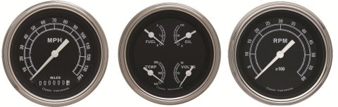 Classic Instruments Traditional Series Gauge Sets TR03SLF Gauges, Traditional, Speedometer, Tach, Water Temperature, Fuel Level, 3 3/8 in., Black Face, Analog, Set of 3