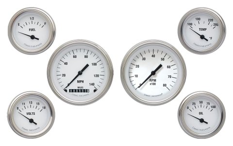 Classic Instruments White Hot Series Gauge Sets WH01SLF Set, Series, Analog, Electronic, Face, Black Pointer, Polished Bezel, Set