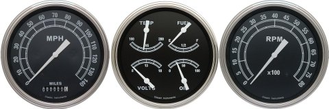Classic Instruments Traditional Series Gauge Sets TR53SLF Gauges, Traditional, Speedometer, Tach, Water Temperature, Fuel Level, 5 in., Black Face, Analog, Set of 3