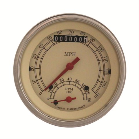 Classic Instruments Vintage Series Gauge Sets VT20SLC Gauge, Vintage, Speedometer, Tachometer, Analog, Electronic, 3 3/8 in. Diameter, Cream Face, Polished Bezel