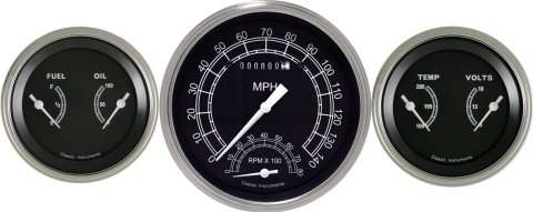 Classic Instruments Traditional Series Gauge Sets TR61SLC Gauges, Traditional, Speedometer, Tach, Water Temperature, Fuel Level, Voltmeter, Black Face, Analog, Set of 3