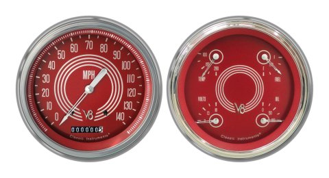 Classic Instruments 1947-53 Chevy Pickup Package Gauge Sets CT47V8RS52 Gauges, V8 Red Steelie, Electronic, Water Temperature, Volt, Oil Pressure, Fuel Level, Speedometer,