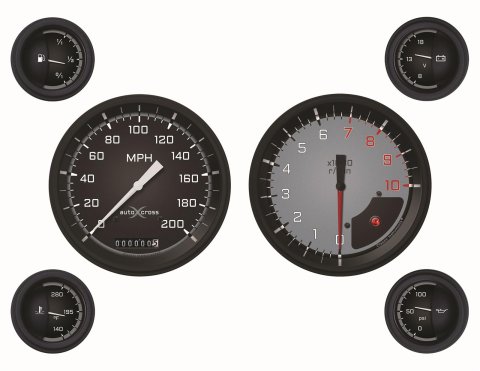 Classic Instruments Auto Cross Gray Series Gauge Sets AX51GBLF Gauges, Cross, Speedometer, Tach, Water Temp., Fuel Level, Black/Gray Face, Analog, Electronic, Set of 6