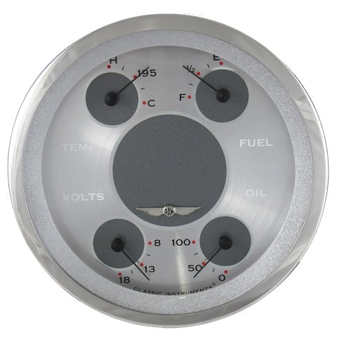 Classic Instruments All-American Series Gauge Sets AW78SRC Kit, Analog, Silver Face, Polished, 5 in. Diameter, Quad Gauge, Fuel, Oil, Volt, Water, Cluster, Kit