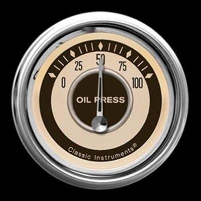 Classic Instruments Nostalgia VT Series Gauges NT81SLC Gauges, Series, Oil Pressure, 0-100 psi, Analog, Electrical, 2 1/8 in., Beige Face, Black Numbers, Stainless Steel Color Bezel, Each