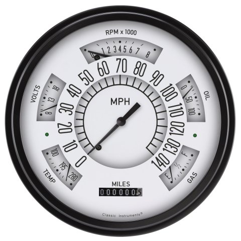 Classic Instruments Six Pack Gauge Sets SX01WBLF Kits, Pack, Analog, Speedometer, Tach, Fuel Level, Oil Pressure, Volts, Water Temp., 6 1/4 in., White Face, Black Numbers, Flat Glass, Each