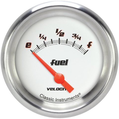 Classic Instruments Velocity Series Gauges VS214WAPF Gauges, Velocity, Fuel Level, Empty-Full, Analog, Electric, 2 5/8 in., White Face, Black with Orange Outline Numbers, 0 ohms Empty, 30 ohms Full, Each