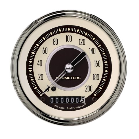 Classic Instruments Nostalgia VT Series Speedometers NT59SLC Gauge, Series, Speedometer, 0-200 kph, 3 3/8 in., Beige Face, Stainless Low Step Bezel, Curved Lens, Each