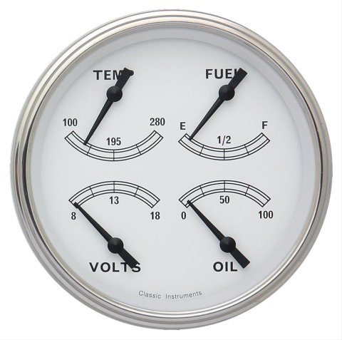 Classic Instruments White Series Gauge Sets CW75SLF Gauge, White, Quad, Water Temp., Oil Pressure, Fuel Level, Voltmeter, 5 in., Face, Analog, Each