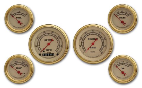 Classic Instruments Vintage Series Gauge Sets VT01GLC Set, Series, Analog, Electronic, Black Face, Red Pointer, Gold Bezel, Curved Lens, Set