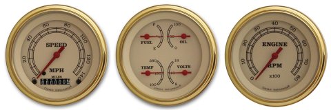 Classic Instruments Vintage Series Gauge Sets VT03GLF Gauge, Vintage, Analog, Electrical, Speedo, Tach, Fuel, Oil, Volt, Water, 3 3/8 in. Diameter, Cream Face, Set