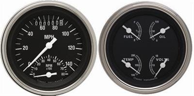 Classic Instruments Traditional Series Gauge Sets TR32SLC Gauges, Traditional, Speedometer, Tach, Water Temperature, Fuel Level, 3 3/8 in., Black Face, Analog, Set