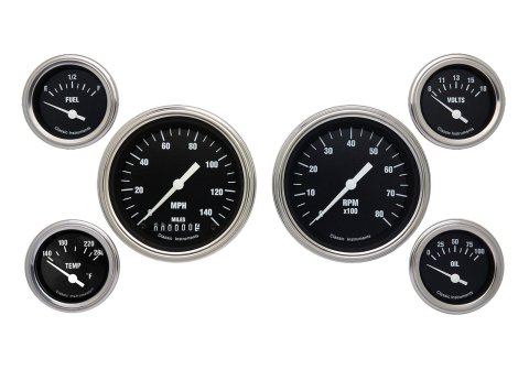 Classic Instruments Hot Rod Series Gauge Sets HR01SLF Set, Series, Analog, Electronic, Black Face, White Pointer, Polished Bezel, Curved Lens, Set