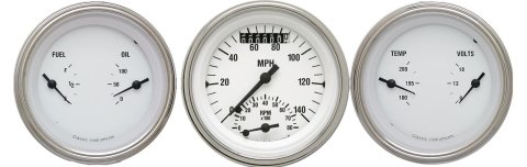 Classic Instruments White Hot Series Gauge Sets WH34SLF Gauges, Hot, Speedometer, Tach, Water Temperature, Fuel Level, 3 3/8 in., Face, Analog, Set of 3