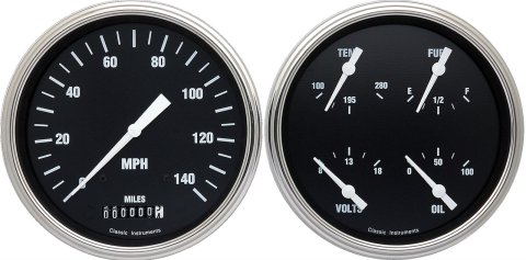 Classic Instruments Hot Rod Series Gauge Sets HR52SLF Set, Series, Analog, Electronic, Black Face, White Pointer, Polished Bezel, Flat Lens, Kit