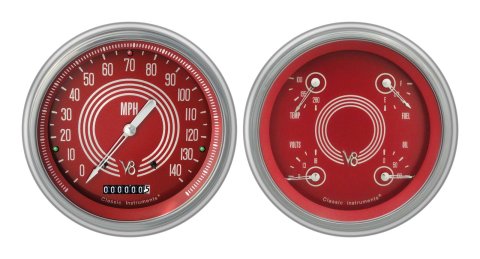 Classic Instruments 1951-53 Chevy Package Gauge Sets CH51V8RS52 Gauges, V8 Red Steelie, Speedometer, Oil Pressure, Fuel Level, Voltage, Red Face, Analog, Chevy, Kit