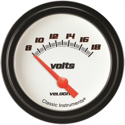 Classic Instruments Velocity Series Gauges VS230WBLF Gauge, White Series, Voltmeter, 8-18 V, 2 5/8 in., Low Step Bezel, Analog, Electrical, Each