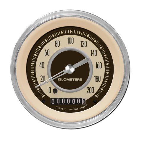 Classic Instruments Nostalgia VT Series Speedometers NT59SHC Gauges, Speedometers, 0-200 kph, 3 3/8 in., Beige Face, Brown Numbers, High Step Bezel and Curved Glass, Analog, Electrical, Each