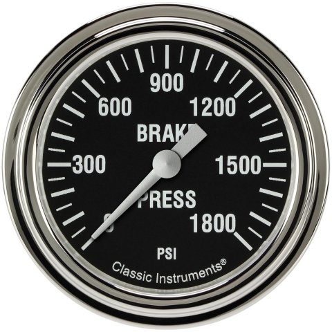 Classic Instruments Hot Rod Series Gauges HR367SLF Gauges, Series, Brake Pressure, 0-1,800 psi, Analog, Electrical, 2 5/8 in., Black Face, White Numbers, Stainless Steel Color Bezel, Each