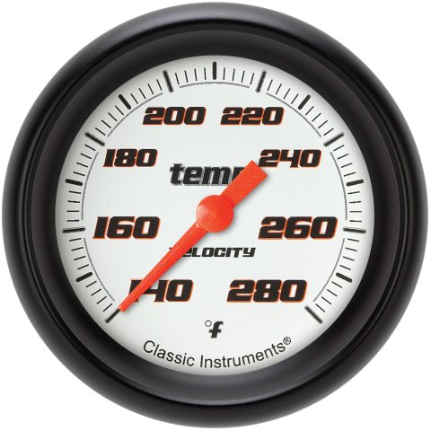 Classic Instruments Velocity Series Gauges VS326WBPF-04 Gauges, Series, Water Temperature, 140-280 degrees F, Analog, Electrical, 2 5/8 in., White Face, Black Numbers, 1/4 in. NPT Thread, Each