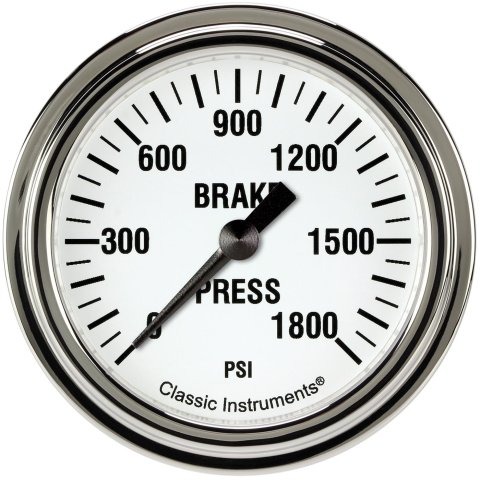 Classic Instruments White Hot Series Gauges WH367SLF Gauges, Series, Brake Pressure, 0-1,800 psi, Analog, Electrical, 2 5/8 in., Face, Black Numbers, Stainless Steel Color Bezel, Each