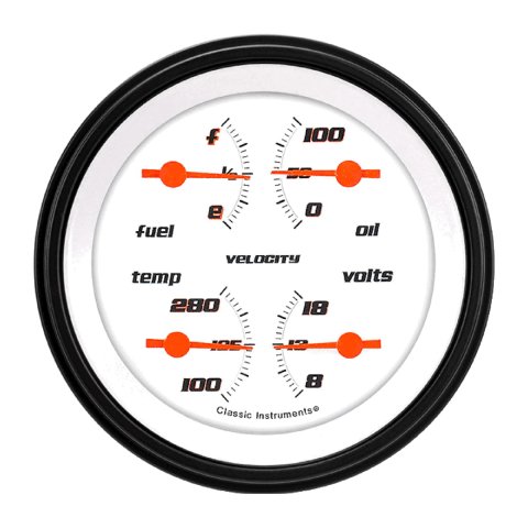 Classic Instruments Velocity Series Gauge Sets VS73WBLF Gauge, Velocity, Analog, Electrical, Fuel, Oil, Volt, Water, 3 3/8 in. Diameter, White Face, Each