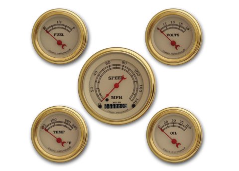 Classic Instruments Vintage Series Gauge Sets VT00GLC Set, Series, Analog, Electronic, Cream Face, Red Pointer, Gold Bezel, Kit