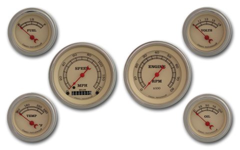 Classic Instruments Vintage Series Gauge Sets VT01SLC Gauges, Vintage, Analog, Speedometer, Tach, Oil Press., Water Temp., Fuel Level, Volts, Cream Face, Set of 6