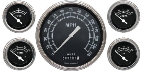 Classic Instruments Traditional Series Gauge Sets TR54SLF Gauges, Traditional, Speedometer, Water Temperature, Fuel Level, Voltmeter, Black Face, Analog, Set of 5