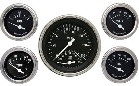 Classic Instruments Hot Rod Series Gauge Sets HR35SLC Gauges, Series, Speedometer, Tach, Water Temperature, Fuel Level, Black Face, Analog, Set of 5