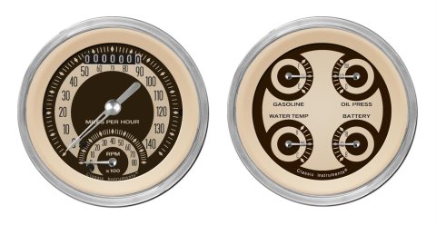 Classic Instruments Nostalgia VT Series Gauge Sets NT32SHC Gauges, VT, Speedometer, Tach, Water Temperature, Fuel Level, 3 3/8 in., Beige Face, Analog, Set