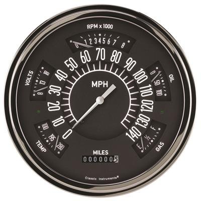 Classic Instruments Six Pack Gauge Sets SX01BSLF Kits, Pack, Analog, Speedometer, Tach, Fuel Level, Oil Pressure, Volts, Water Temp., 6 1/4 in., Black Face, White Numbers, Flat Glass, Each