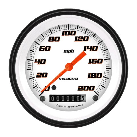 Classic Instruments Velocity Series Speedometers VS57WBLF Speedometers, Series, 0-200 mph, 3 3/8 in., White Face, Black with Orange Outline Numbers, Low Step Bezel, Flat Glass, Analog, Electric, Each