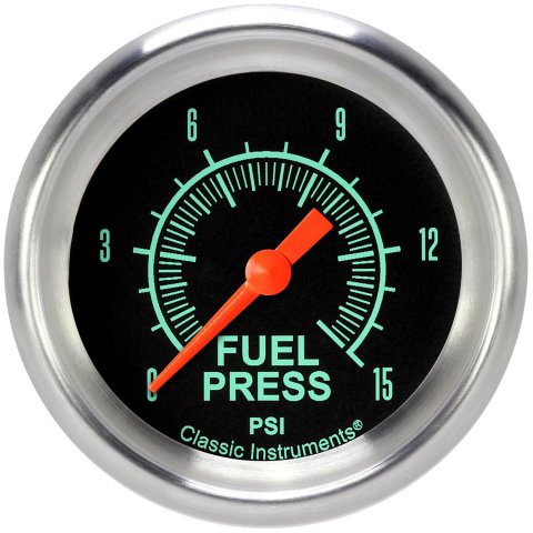 Classic Instruments G-Stock Series Gauges GS345APF Gauges, Series, Fuel Pressure, 0-15 psi, Analog, Electrical, 2 5/8 in., Black Face, Green Numbers, 1/8 in. NPT Thread, Each