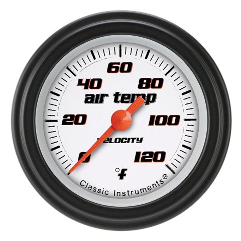 Classic Instruments Velocity Series Gauges VS199WBLF Gauges, Series, Air Temperature, 0-120 degrees F, Analog, Electrical, 2 1/8 in., White Face, Black Numbers, Matte Black Bezel, Each