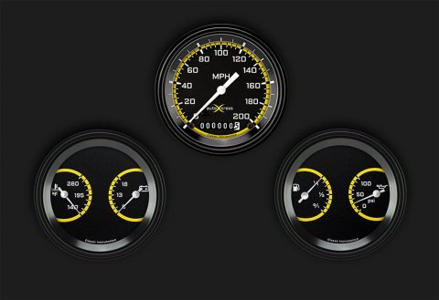 Classic Instruments Auto Cross Yellow Series Gauge Sets AX04YBLF Gauges, AutoCross Series, 3 3/8 in., Speedometer, Water Temp, Oil Pressure, Voltmeter, Fuel Level, Black Low-Step Bezel, Flat Lens, Kit